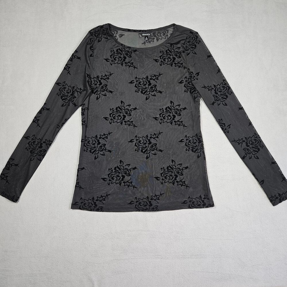 Y2K Studio Y Mesh Top Womens Medium Velvet Floral Sheer Black Long Sleeve Grunge